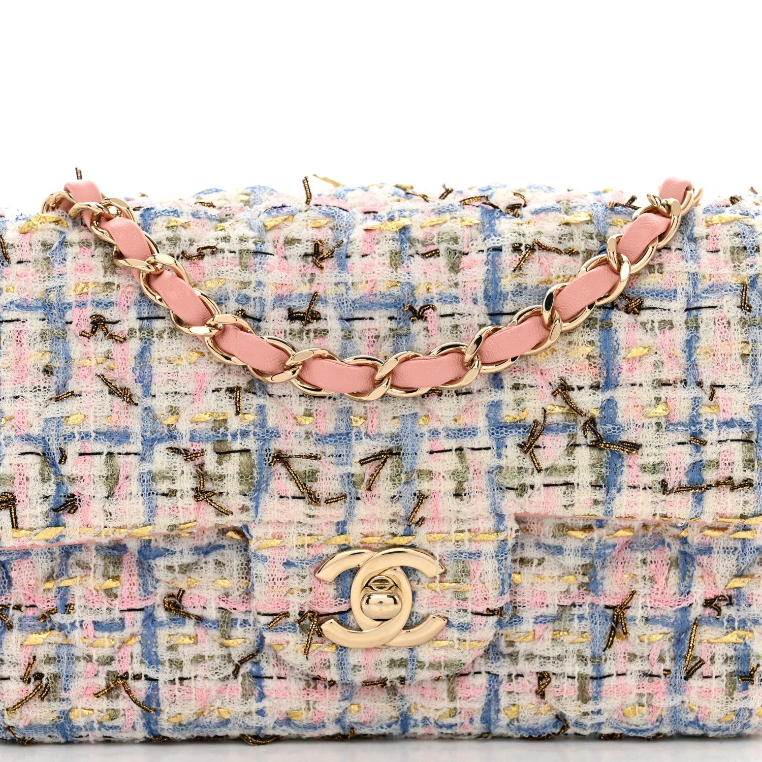 Chanel Tweed Quilted Mini Rectangular Flap Light Blue Pink Gold White 5 of 11