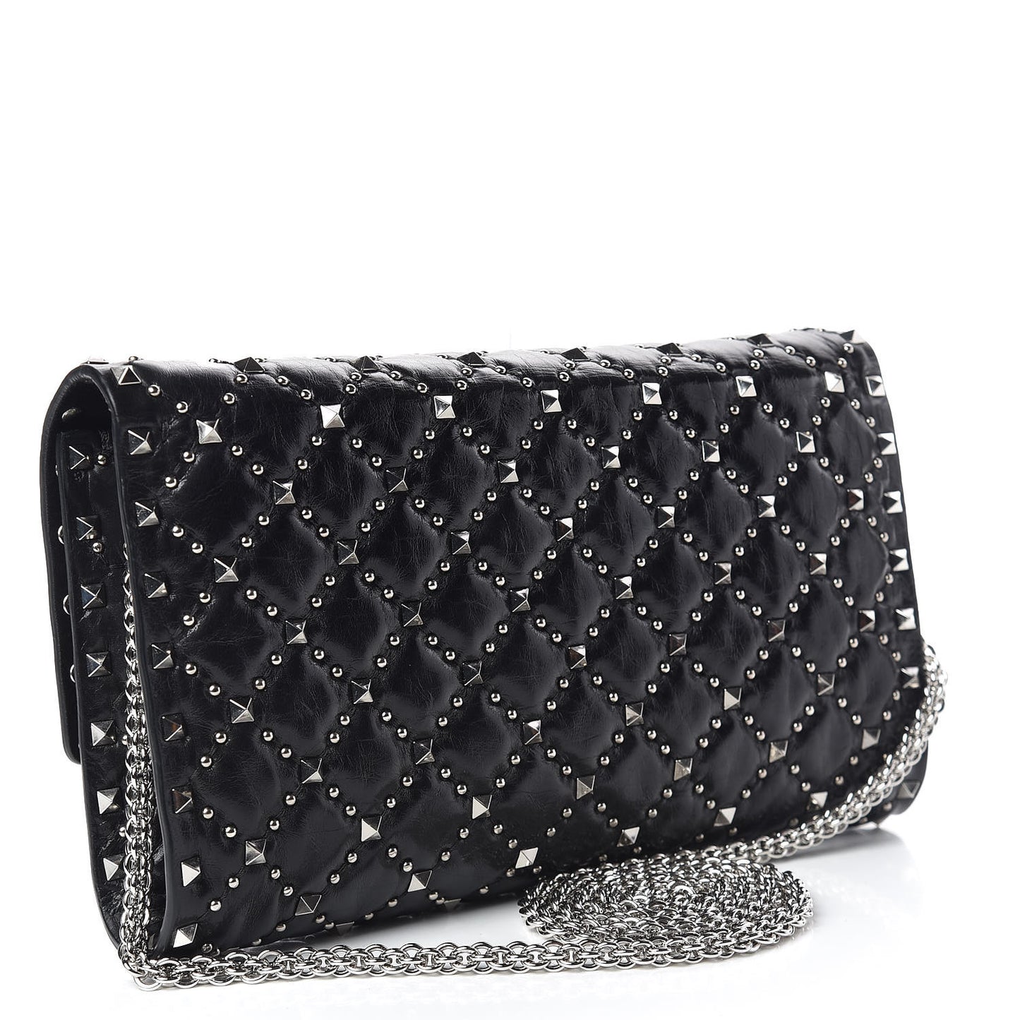 Craquele Nappa Beaded Rockstud Spike Wallet on Chain Black