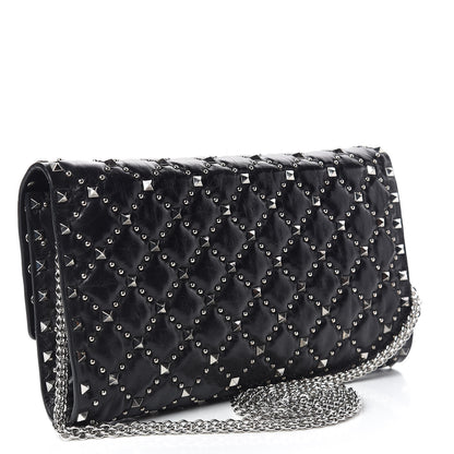 Valentino Garavani Craquele Nappa Beaded Rockstud Spike Wallet on Chain Black 3 of 8