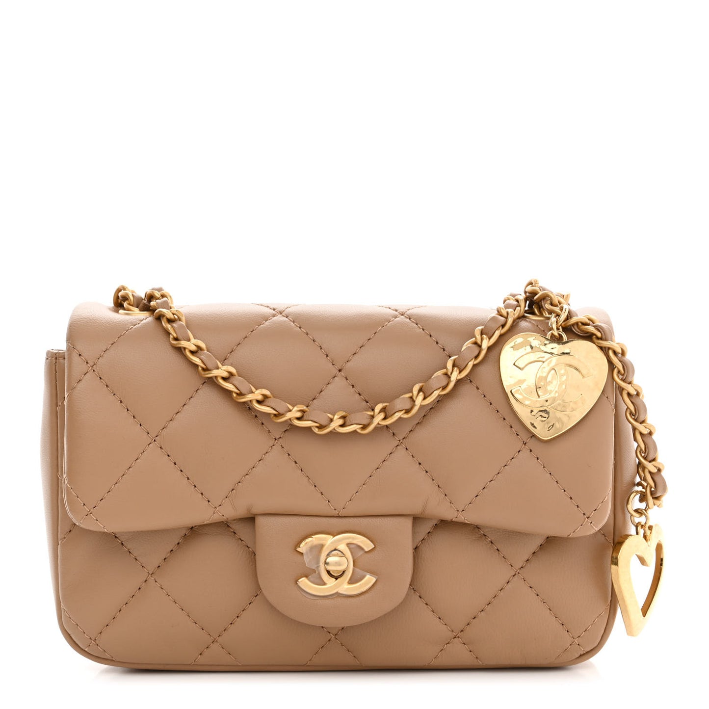 Lambskin Quilted Mini Heart Charms Flap Beige
