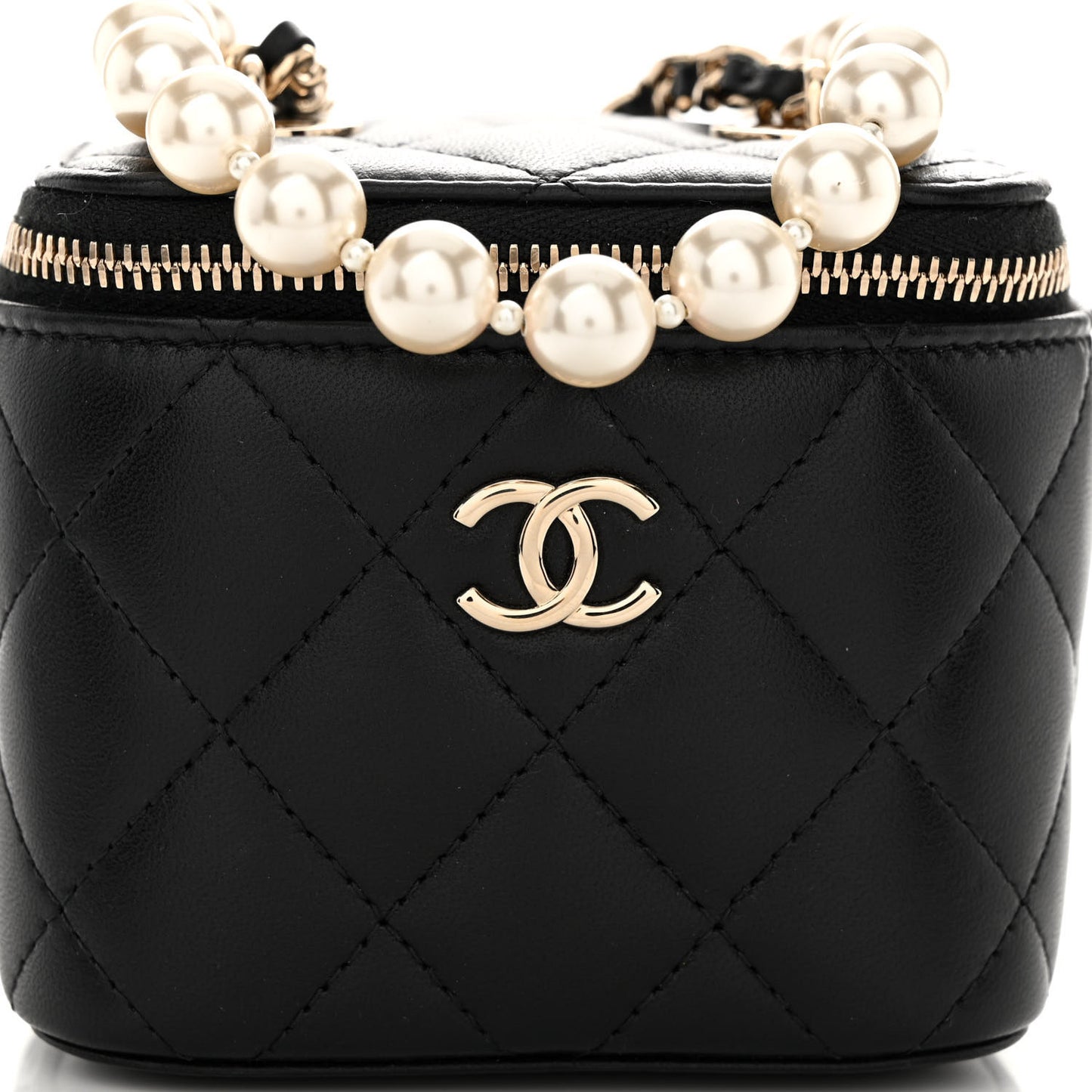 Lambskin Quilted Mini Vanity Case With Pearl Chain Black