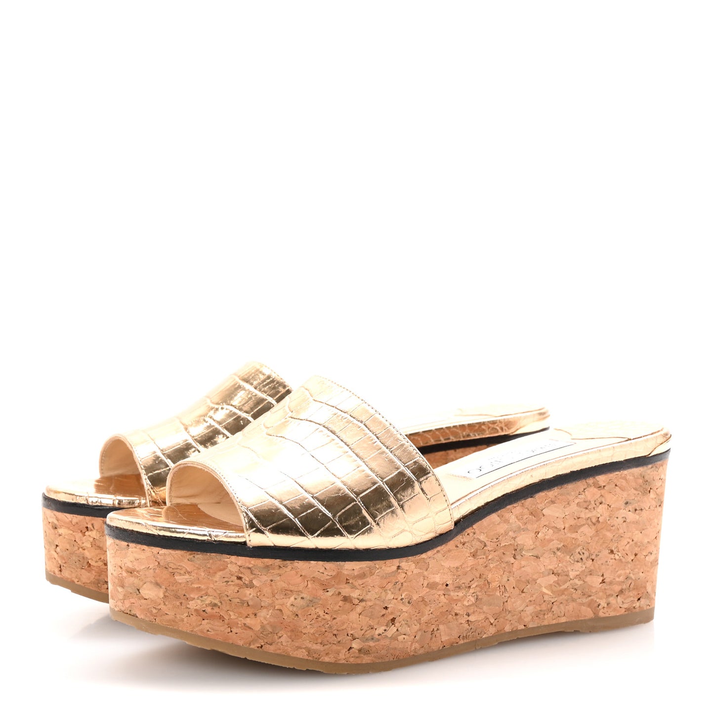Metallic Calfskin Crocodile Embossed Cork DeeDee Platform Wedge Slide Sandals 37.5 Gold