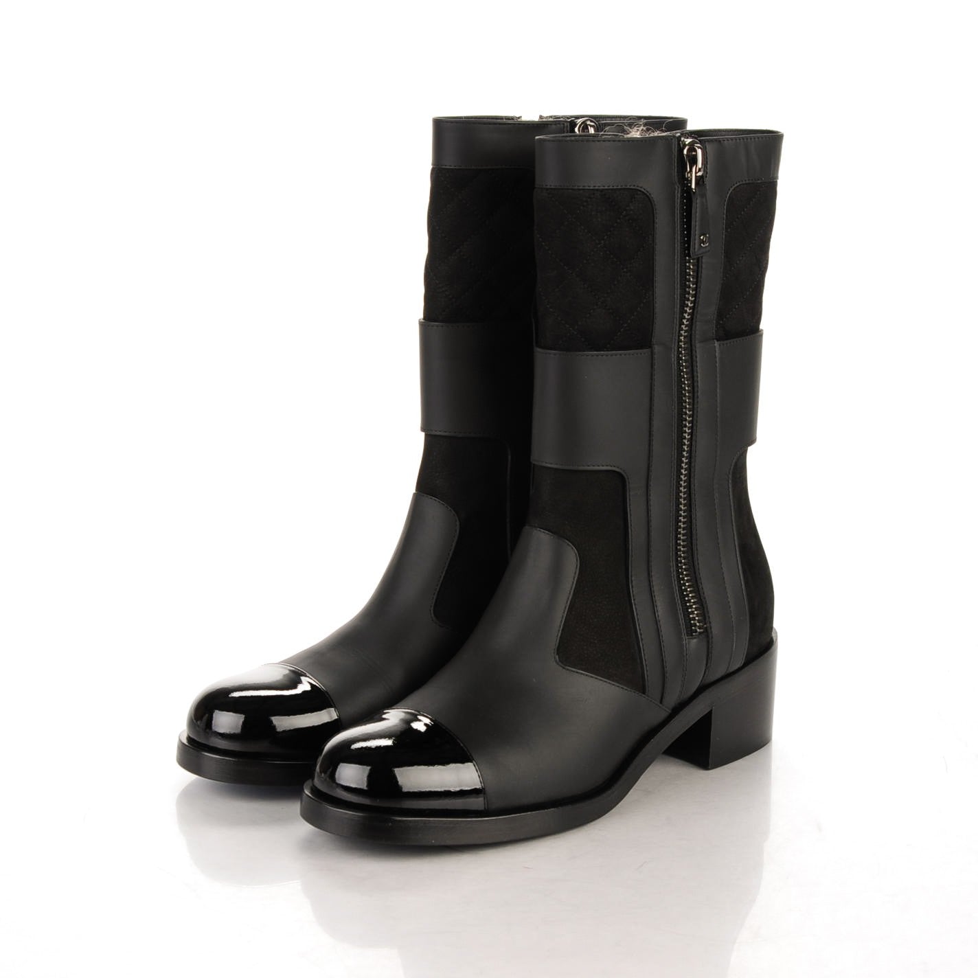 Calfskin Quilted Patent Cap Toe Boots 41.5 Black