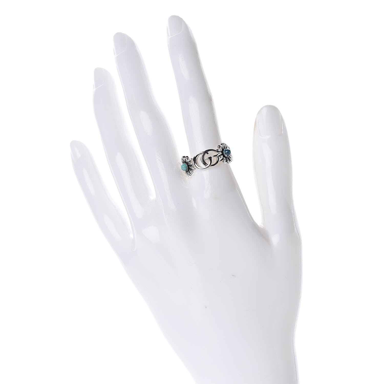 Gucci Sterling Silver Topaz Mother of Pearl Turquoise Resin Double G Flower Ring 58 8.25 2 of 4