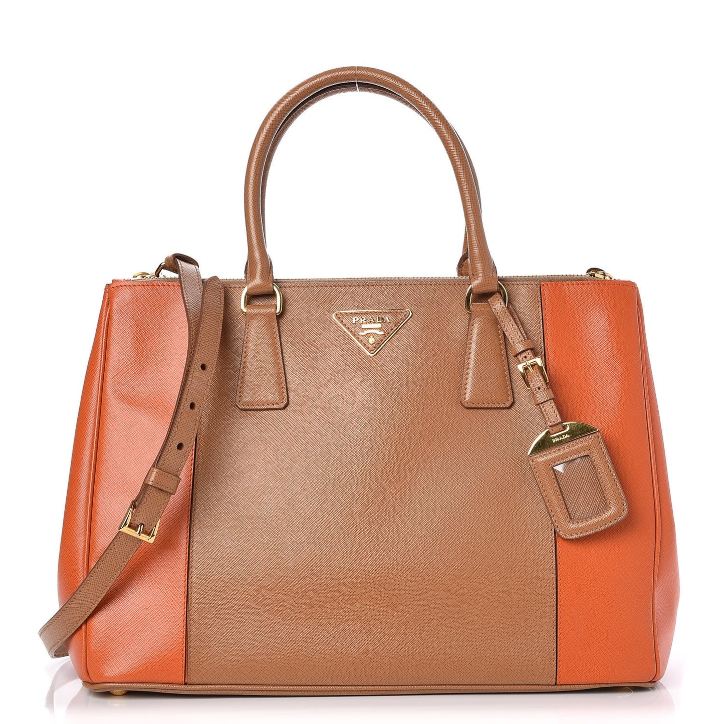 Saffiano Lux Colorblock Medium Galleria Double Zip Tote Caramel Papaya