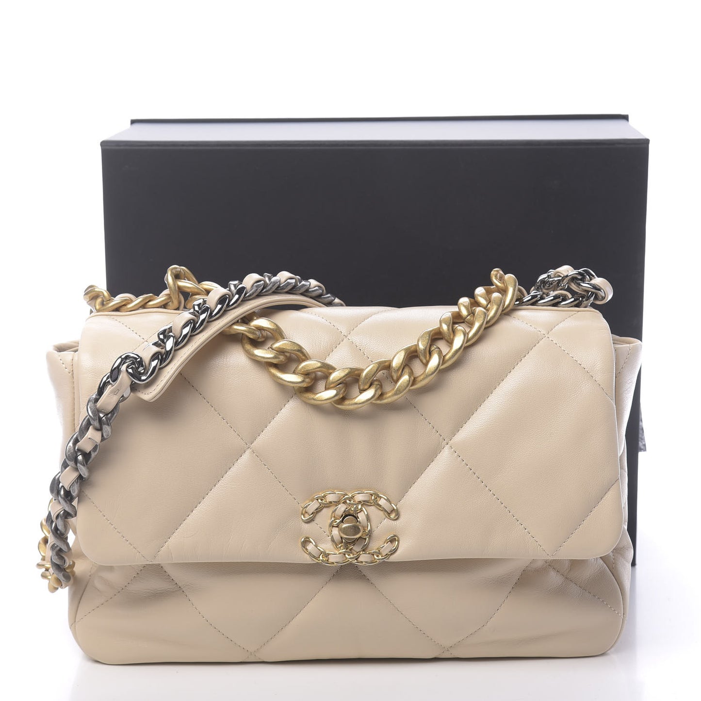 Goatskin Quilted Large 19 Flap Beige
