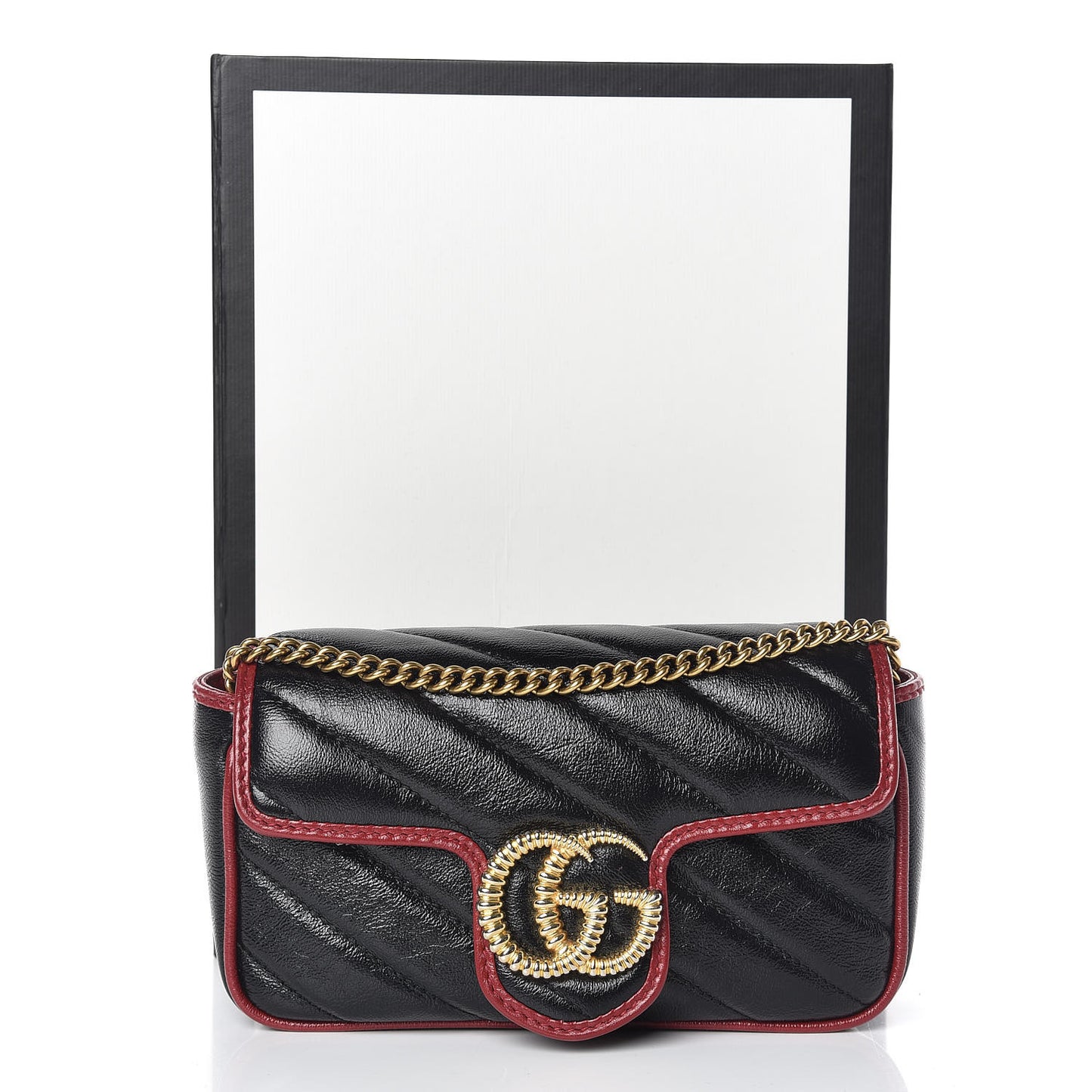 Vintage Effect Calfskin Matelasse Diagonal Super Mini Torchon GG Marmont Shoulder Bag Black Romantic Cherry