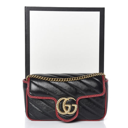 Gucci Vintage Effect Calfskin Matelasse Diagonal Super Mini Torchon GG Marmont Shoulder Bag Black Romantic Cherry 11 of 11