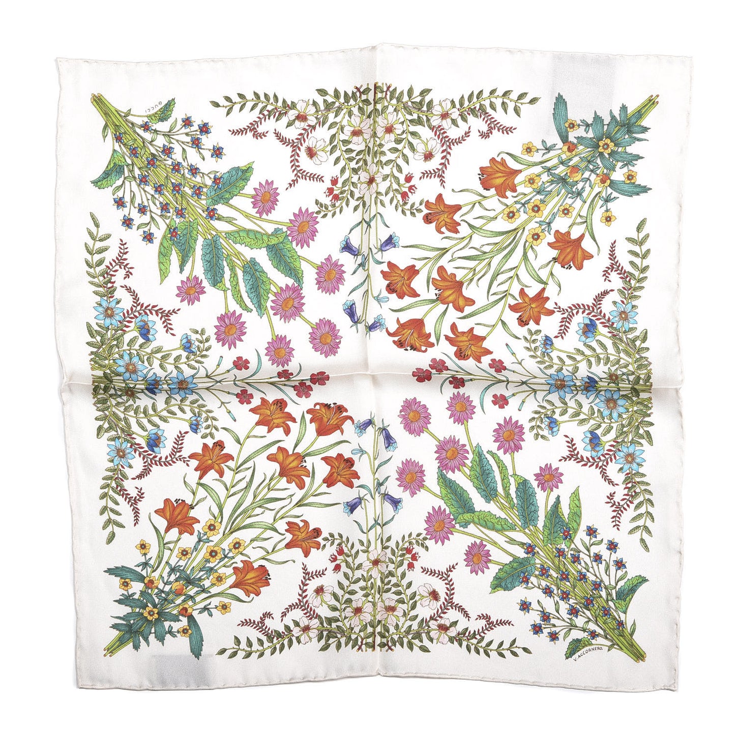 Silk Twill Nuovoflora Square Handkerchief Ivory Blue