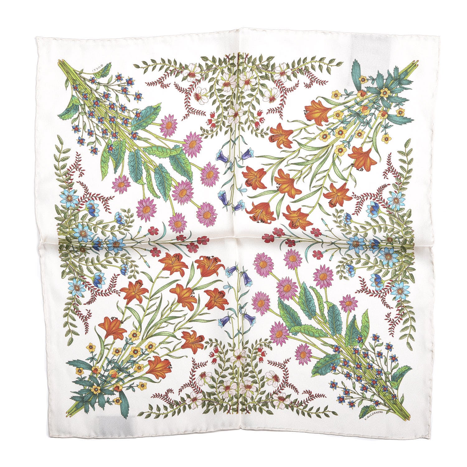 Gucci Silk Twill Nuovoflora Square Handkerchief Ivory Blue 1 of 5
