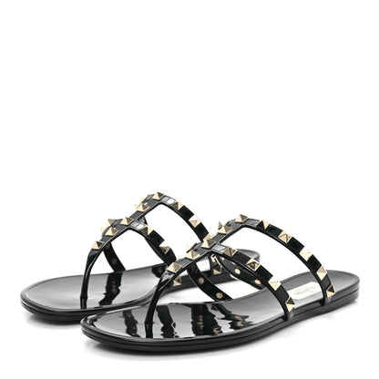 Valentino Garavani PVC Jelly Rockstud Caged Flat Thong Sandals 38 Black 4 of 8
