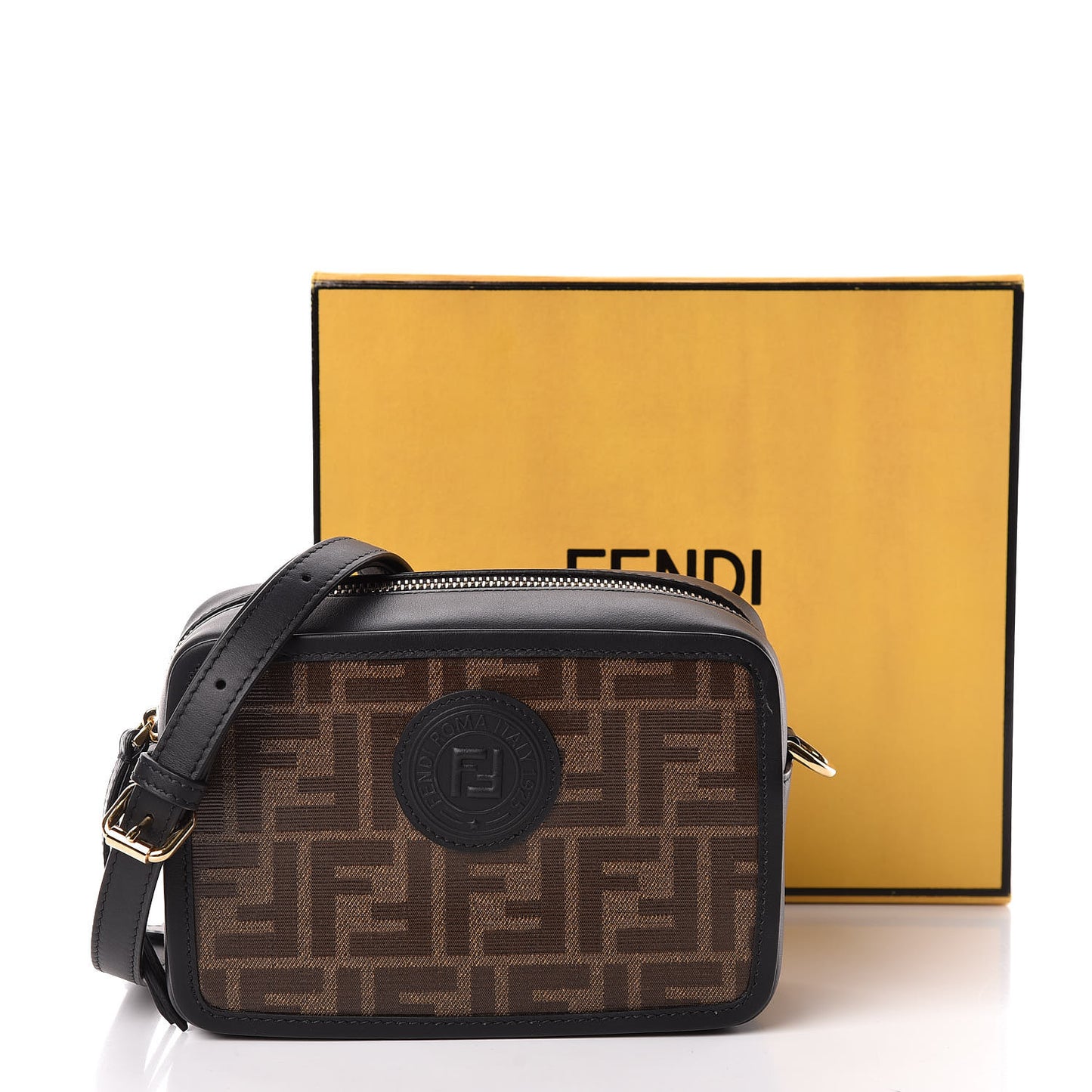 Glazed Fabric Vitello Century FF 1974 Stamp Patch Mini Camera Case Mogano Panna Black