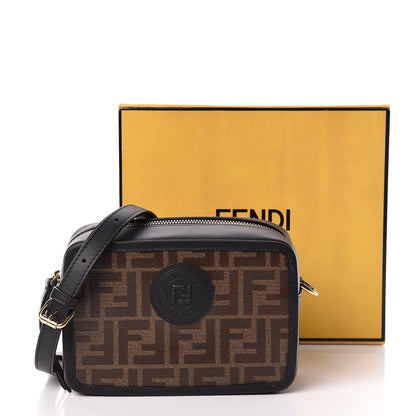 Fendi Glazed Fabric Vitello Century FF 1974 Stamp Patch Mini Camera Case Mogano Panna Black 11 of 11