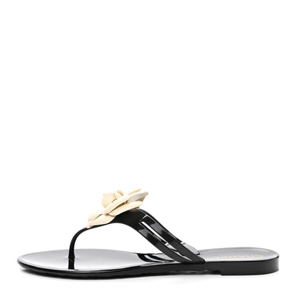 Chanel Jelly Camellia Thong Sandals 39 Black Ivory 1 of 8