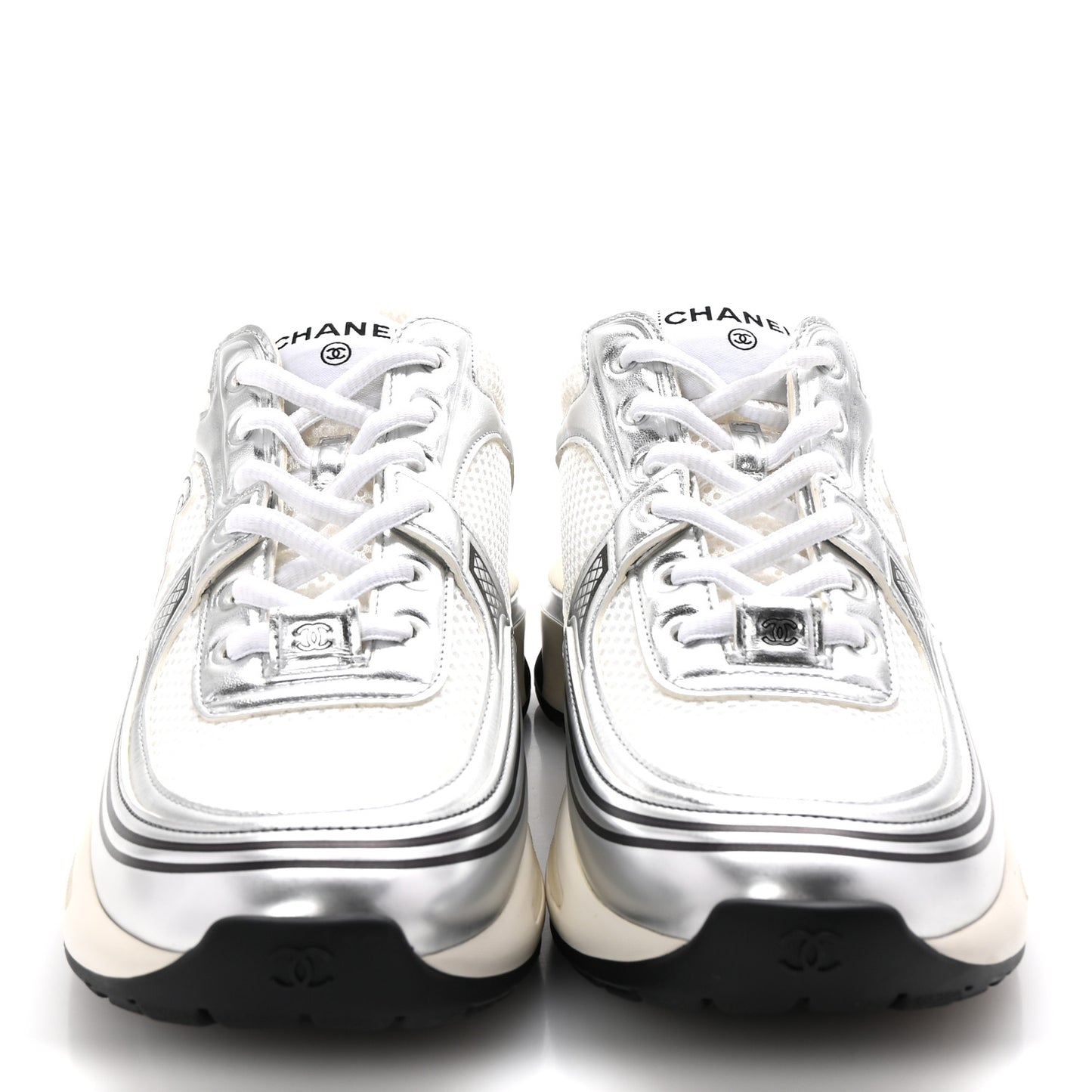Fabric Laminated Calfskin Stretch CC Womens Sneakers 40 White Silver