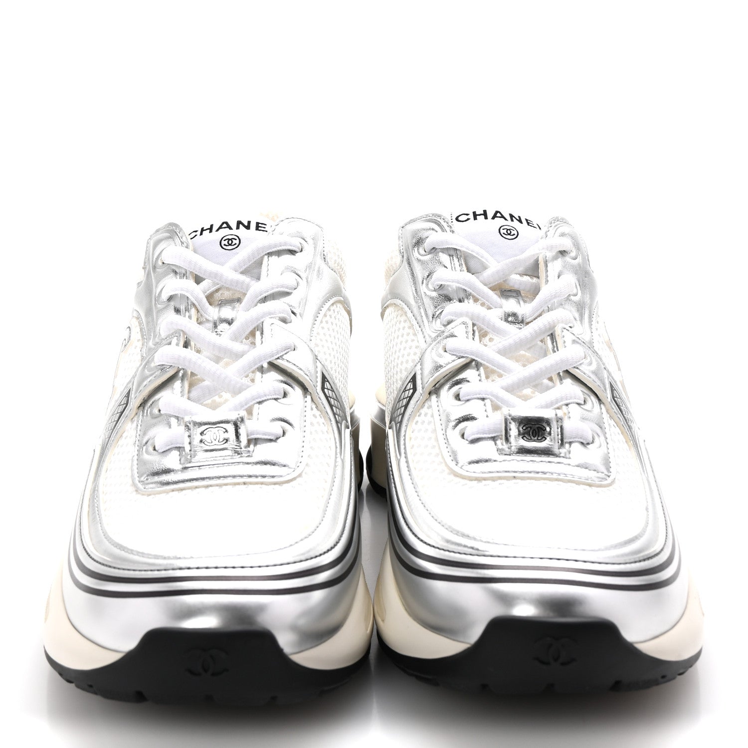 Chanel Fabric Laminated Calfskin Stretch CC Womens Sneakers 40 White Silver 3 of 10