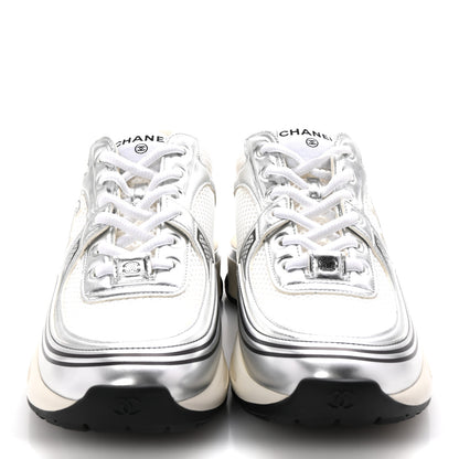Chanel Fabric Laminated Calfskin Stretch CC Womens Sneakers 40 White Silver 3 of 10