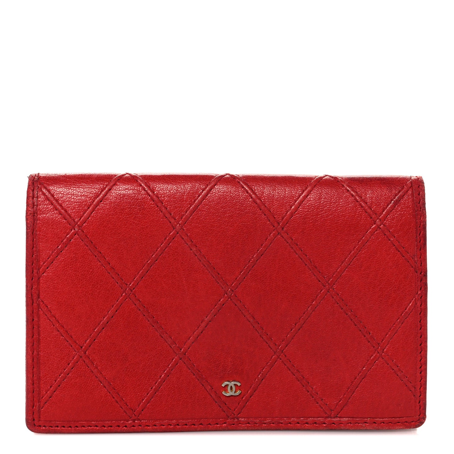 Lambskin Diamond Stitched Flap Card Case Red