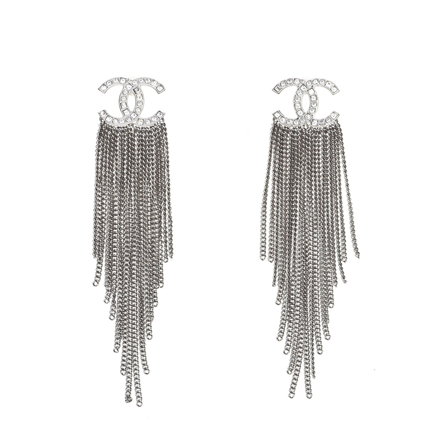 Chanel Baguette Crystal CC Chain Drop Earrings Silver 1 of 8
