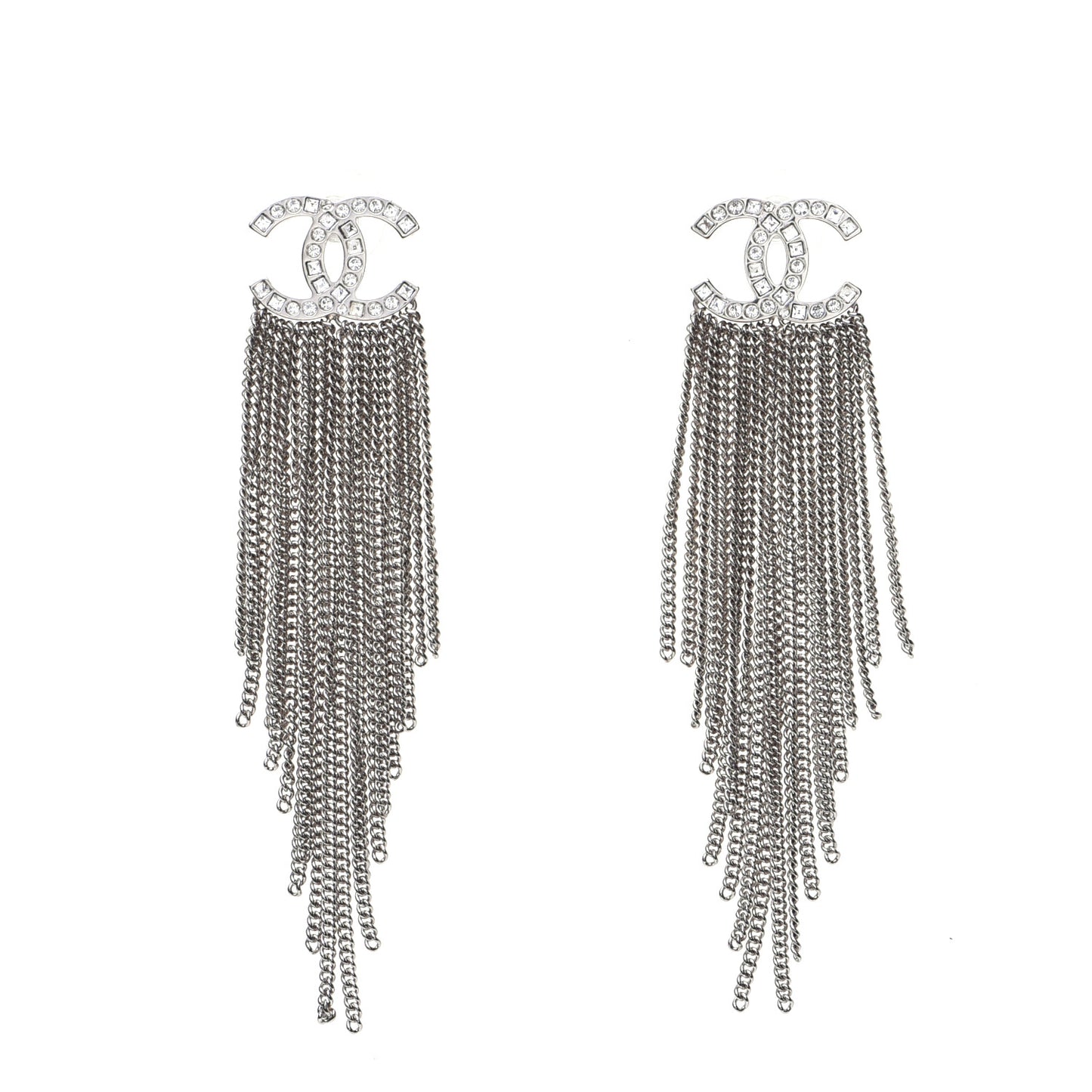 Baguette Crystal CC Chain Drop Earrings Silver