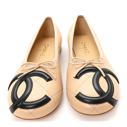 Chanel Lambskin Quilted CC Cambon Ballet Flats 39.5 Beige Black 3 of 10