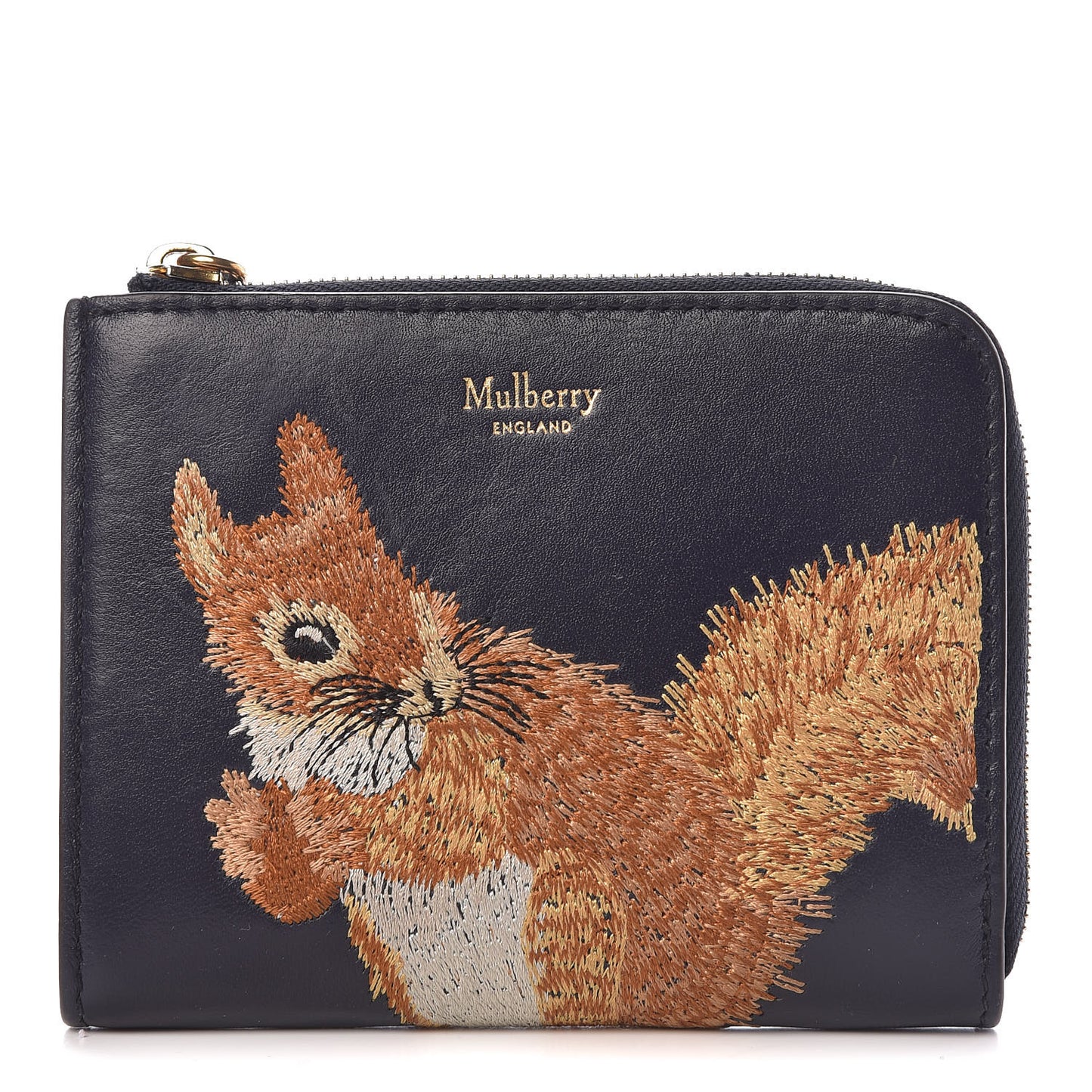 Smooth Calfskin Squirrel Embroidered Part Zip Coin Pouch Navy