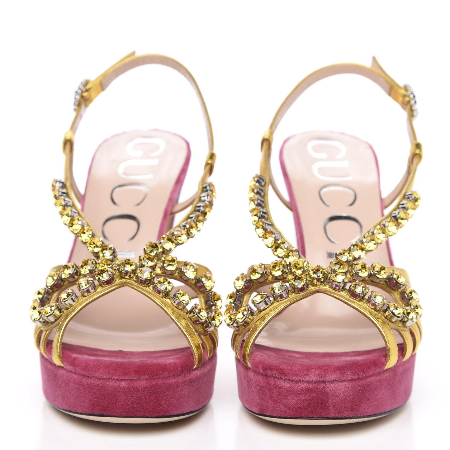 Velvet Nappa Crystal Zephyra Slingback Platform High Heel Sandals 37.5 Pink Gold