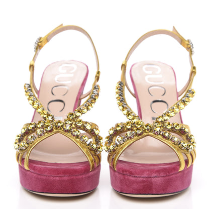 Gucci Velvet Nappa Crystal Zephyra Slingback Platform High Heel Sandals 37.5 Pink Gold 2 of 8
