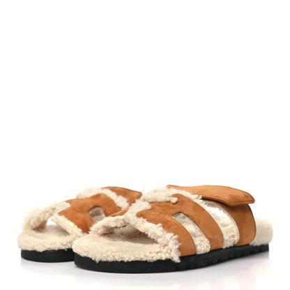 Hermes Suede Goatskin Woolskin Womens Chypre Sandals 37 Naturel Ecru 3 of 8