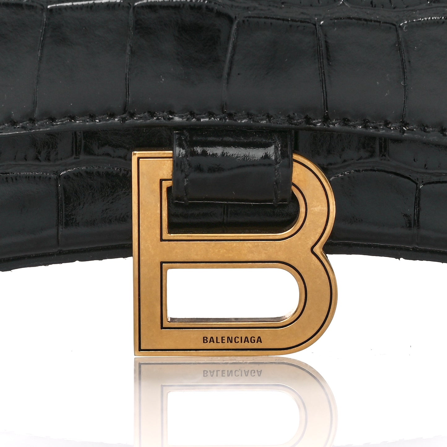 Shiny Calfskin Crocodile Embossed Hourglass Chain Bag Black