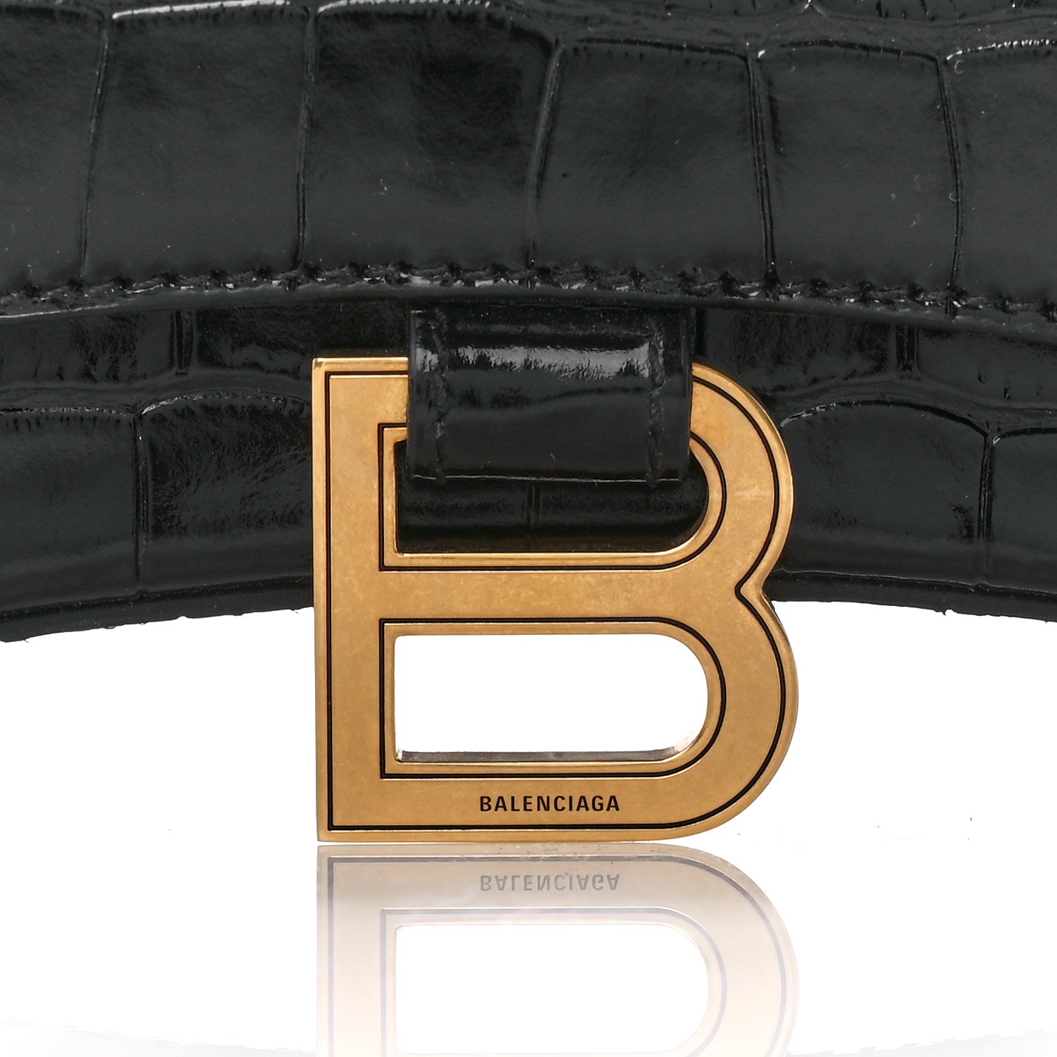Balenciaga Shiny Calfskin Crocodile Embossed Hourglass Chain Bag Black 8 of 12