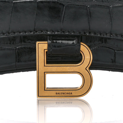 Balenciaga Shiny Calfskin Crocodile Embossed Hourglass Chain Bag Black 8 of 12