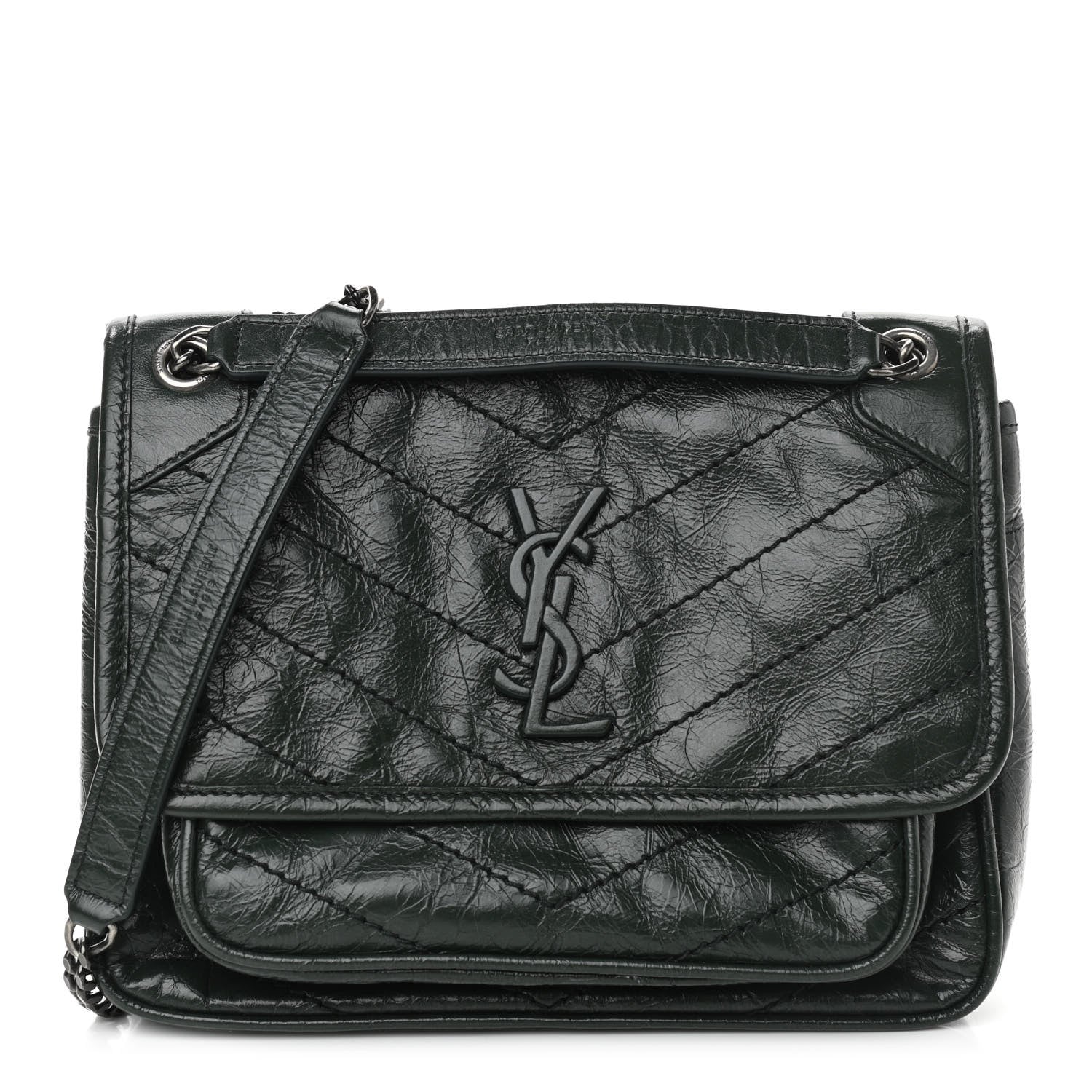 Saint Laurent Crinkled Calfskin Matelasse Monogram Baby Niki Chain Satchel Dark Green 1 of 11