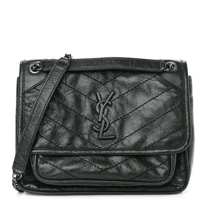 Saint Laurent Crinkled Calfskin Matelasse Monogram Baby Niki Chain Satchel Dark Green 1 of 11