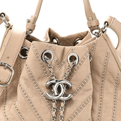 Chanel Calfskin Studded Chevron Quilted Small Stud Wars Drawstring Bag Beige 8 of 10