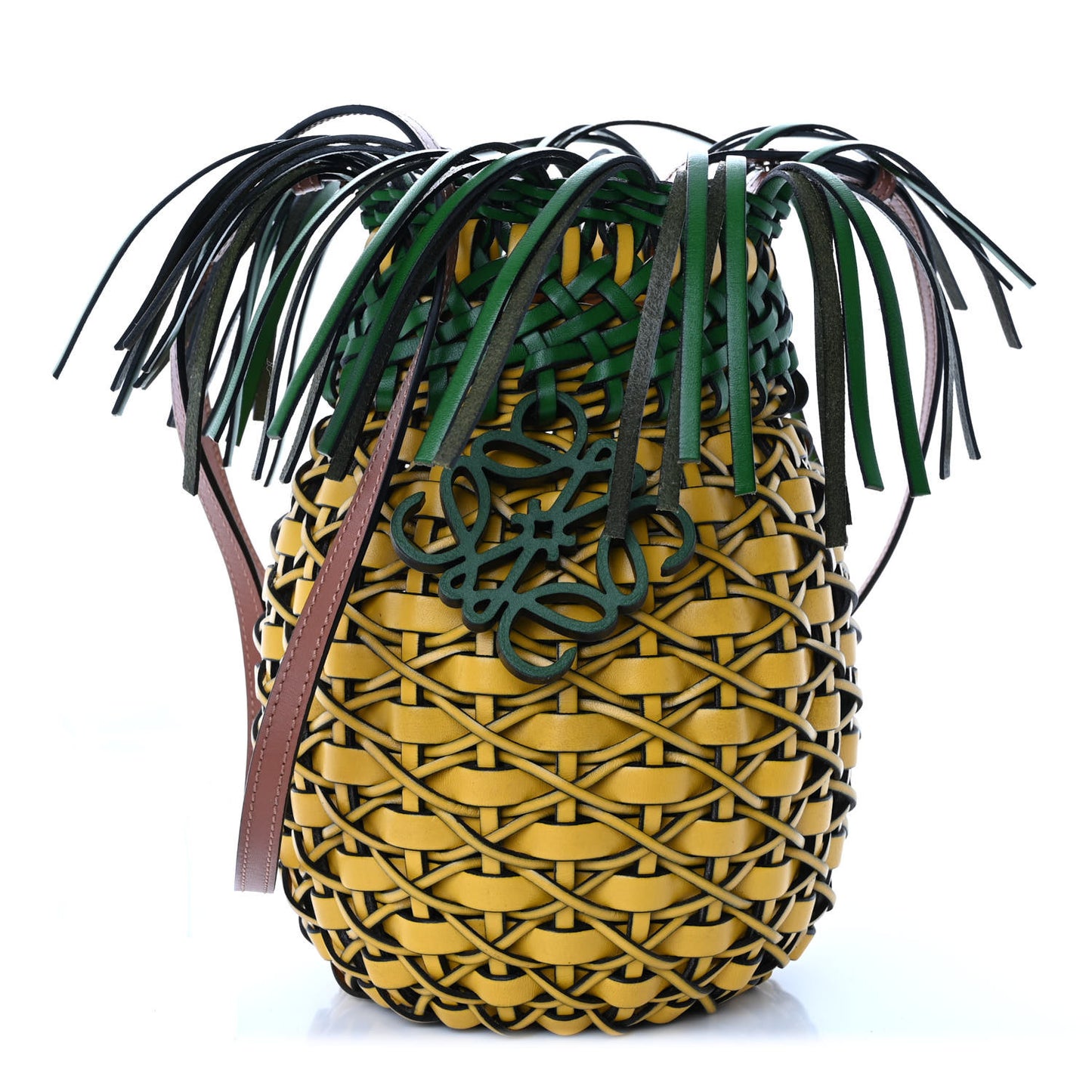 Calfskin Fringe Woven Pineapple Bucket Bag Yellow Green