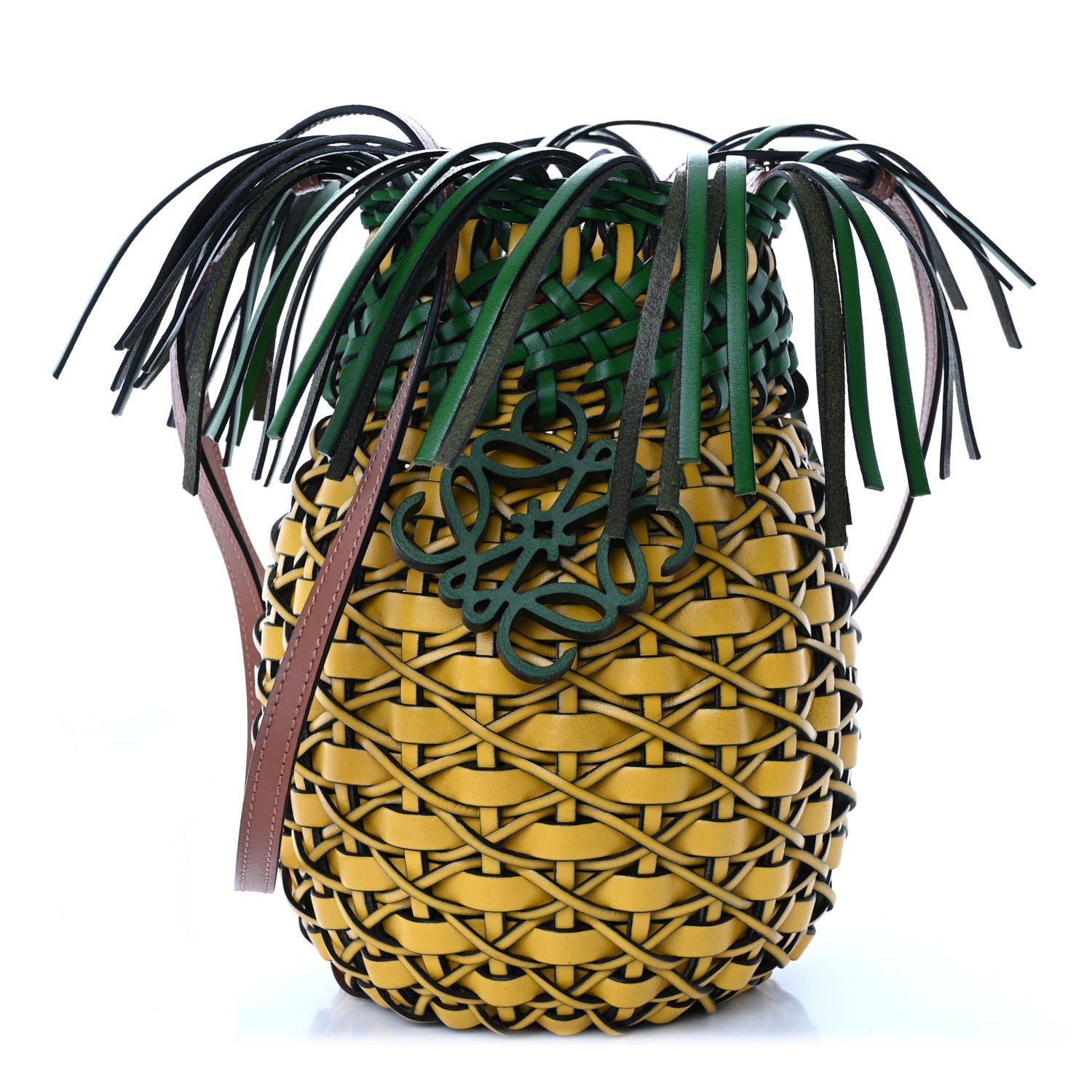 Loewe Calfskin Fringe Woven Pineapple Bucket Bag Yellow Green 1 of 9