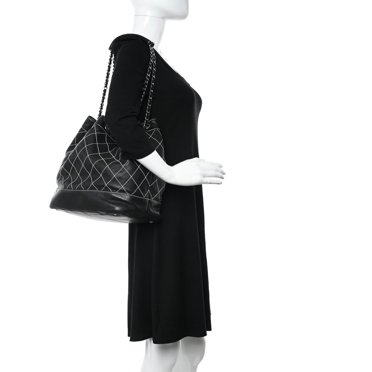 Lambskin Contrast Stitch Large Drawstring Tote Black