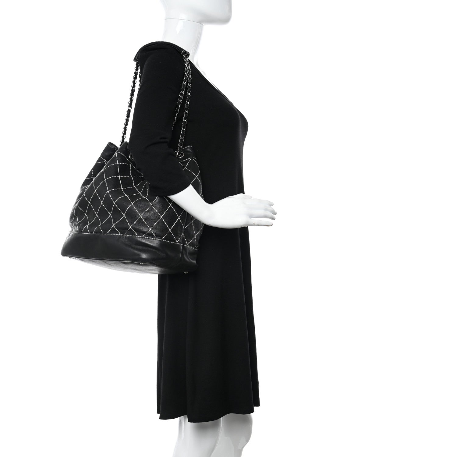 Chanel Lambskin Contrast Stitch Large Drawstring Tote Black 2 of 11