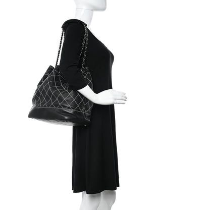 Chanel Lambskin Contrast Stitch Large Drawstring Tote Black 2 of 11