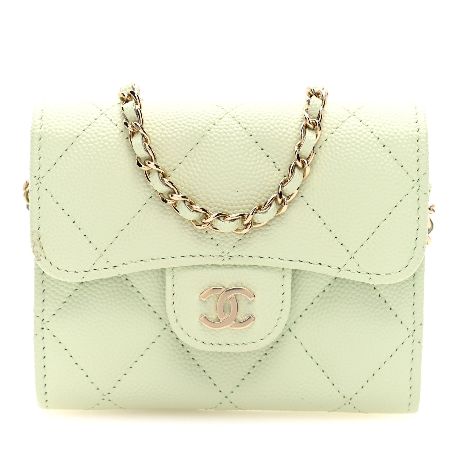 Chanel Caviar Quilted Flap Card Holder On Chain Light Green 1 of 10