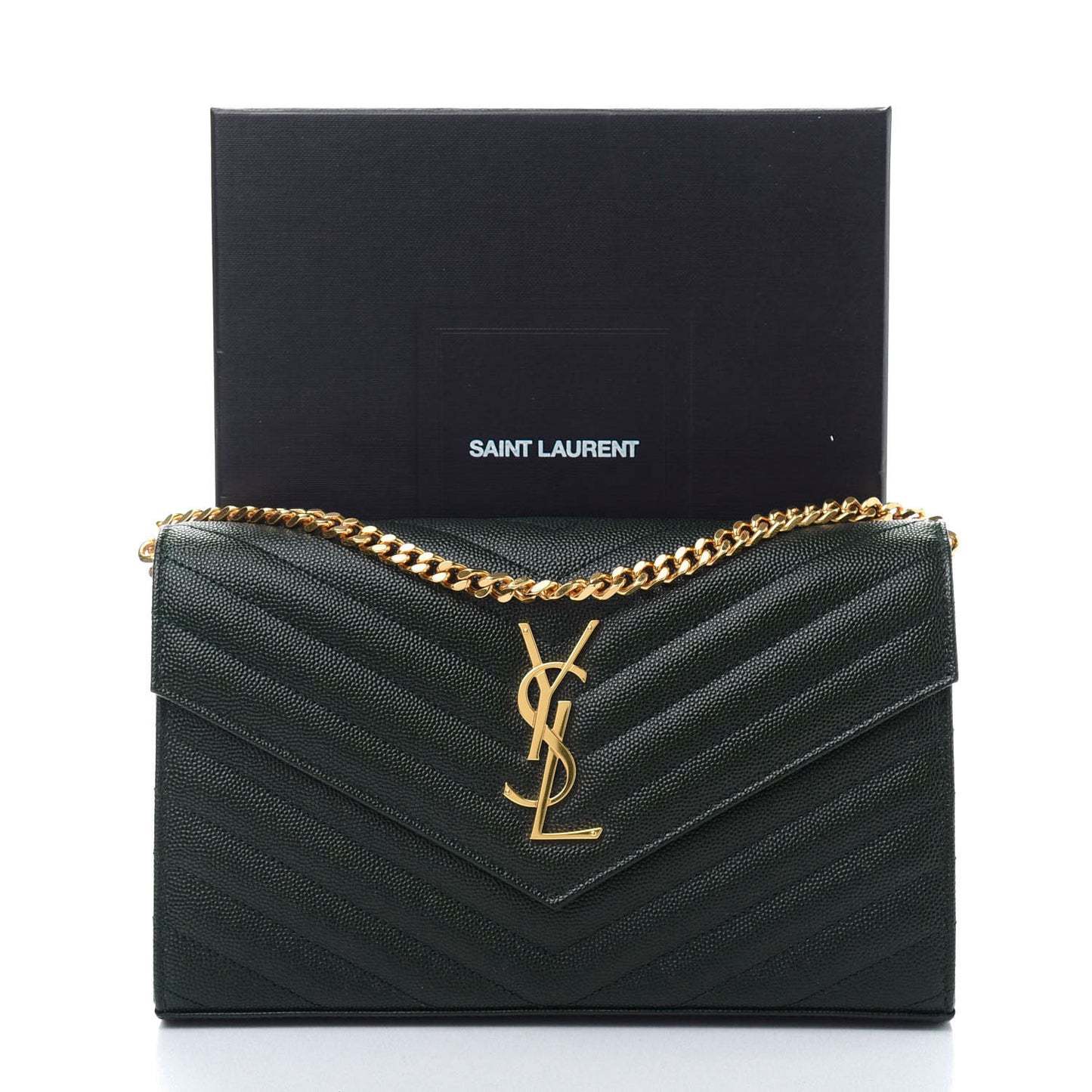 Grain De Poudre Matelasse Chevron Monogram Chain Wallet Dark Green
