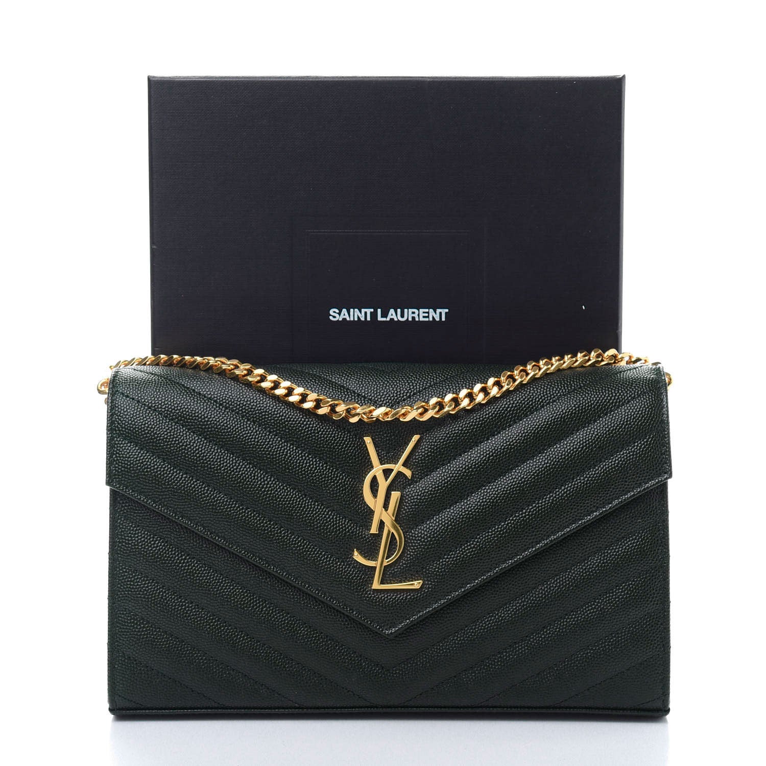 Saint Laurent Grain De Poudre Matelasse Chevron Monogram Chain Wallet Dark Green 11 of 11