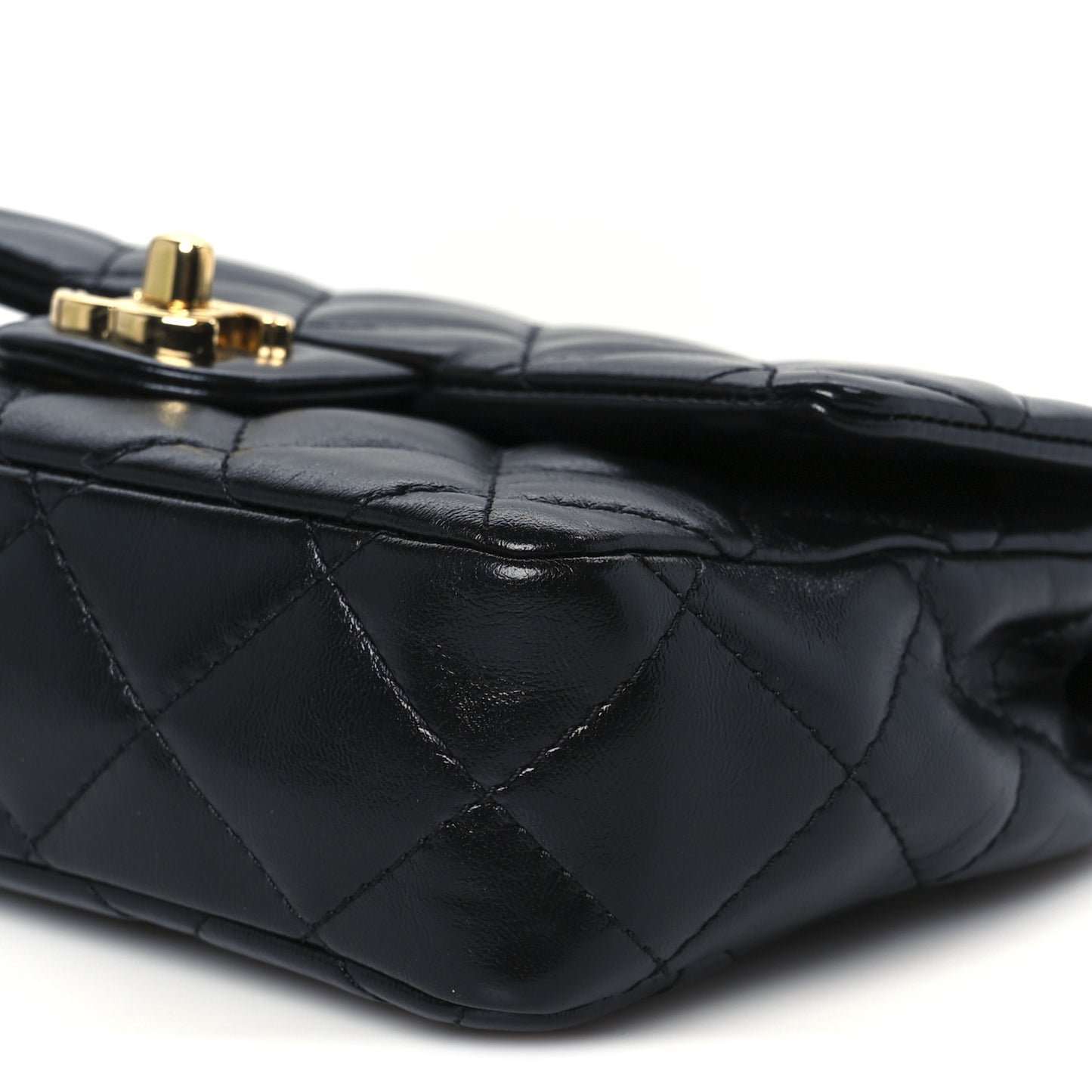 Shiny Lambskin Quilted Golden Links Top Handle Flap Black