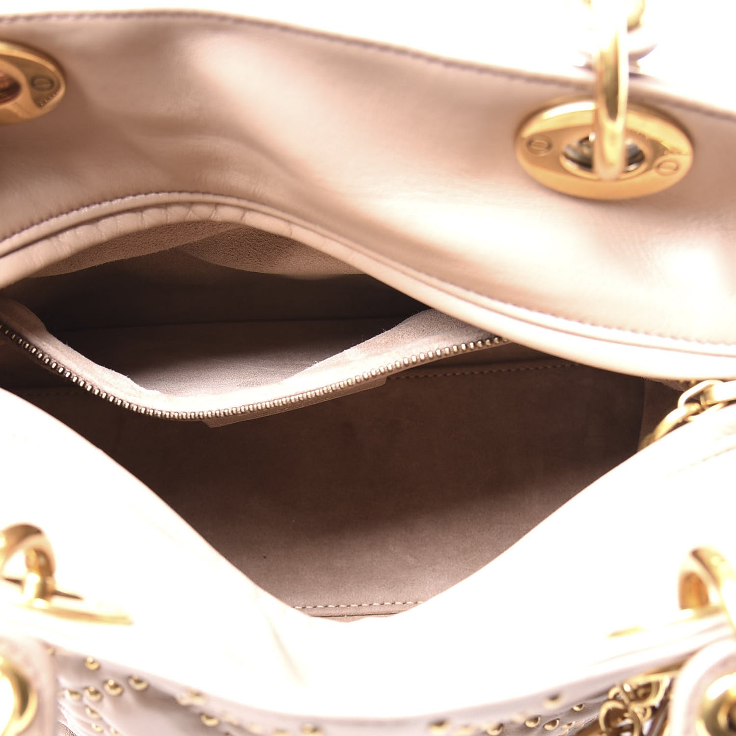 Calfskin Cannage Studded Medium Supple Lady Dior Metallic Beige