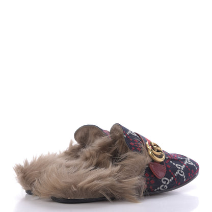 Gucci Canvas GG Monogram Diamond Fur Web GG Mens Princetown Slippers 8 Midnight Blue Hibiscus Red 4 of 9