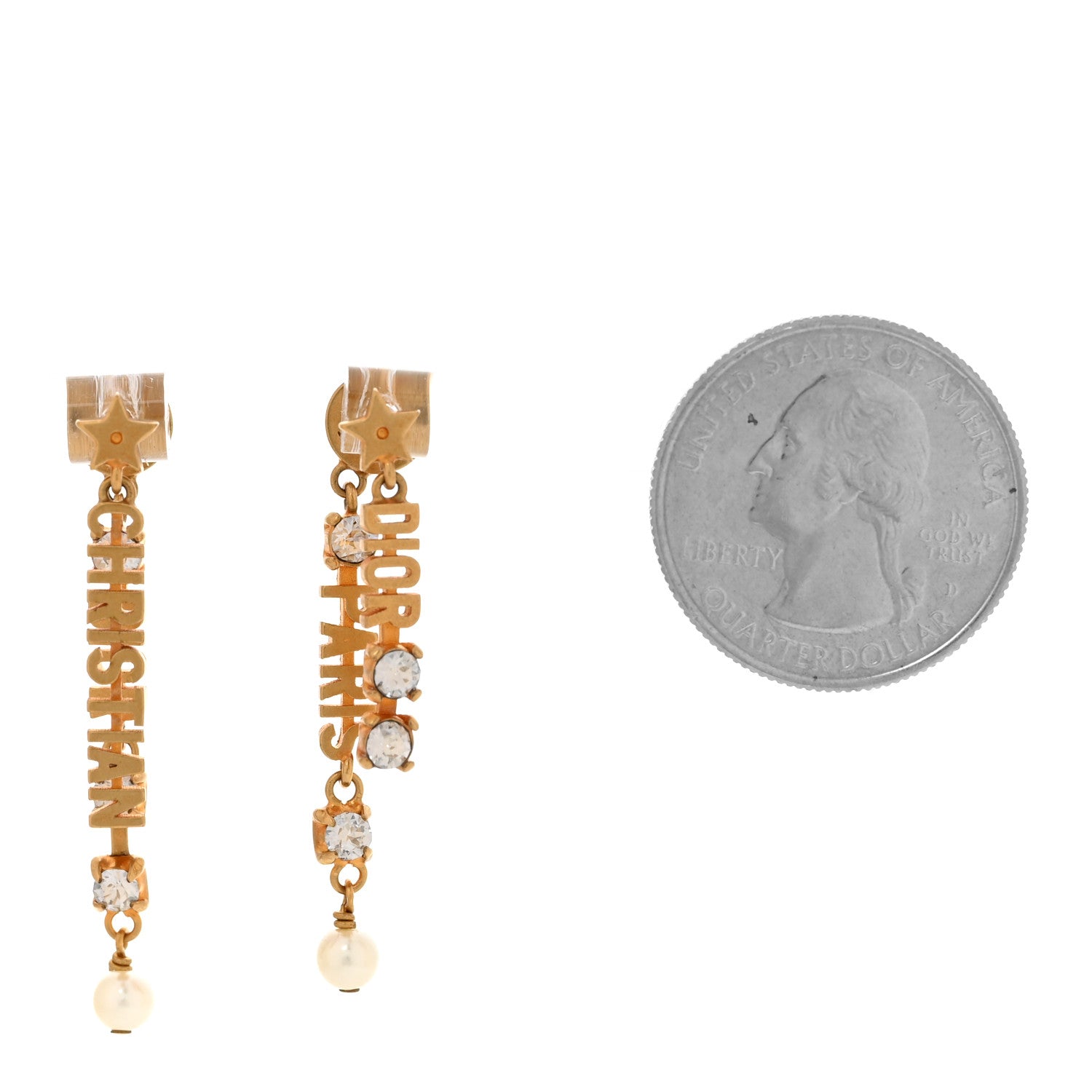 Christian Dior CHRISTIAN Crystal Pearl Logo Dangle Earrings Gold 2 of 5
