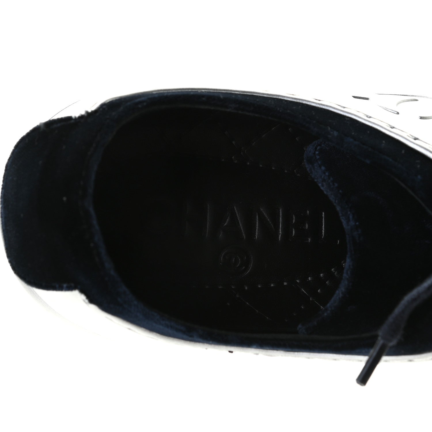 Chanel Calfskin Velvet Womens CC Sneakers 37.5 Navy 9 of 13