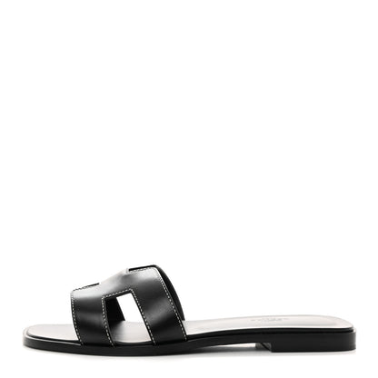 Hermes Box Calfskin Oran Sandals 38.5 Black 1 of 8