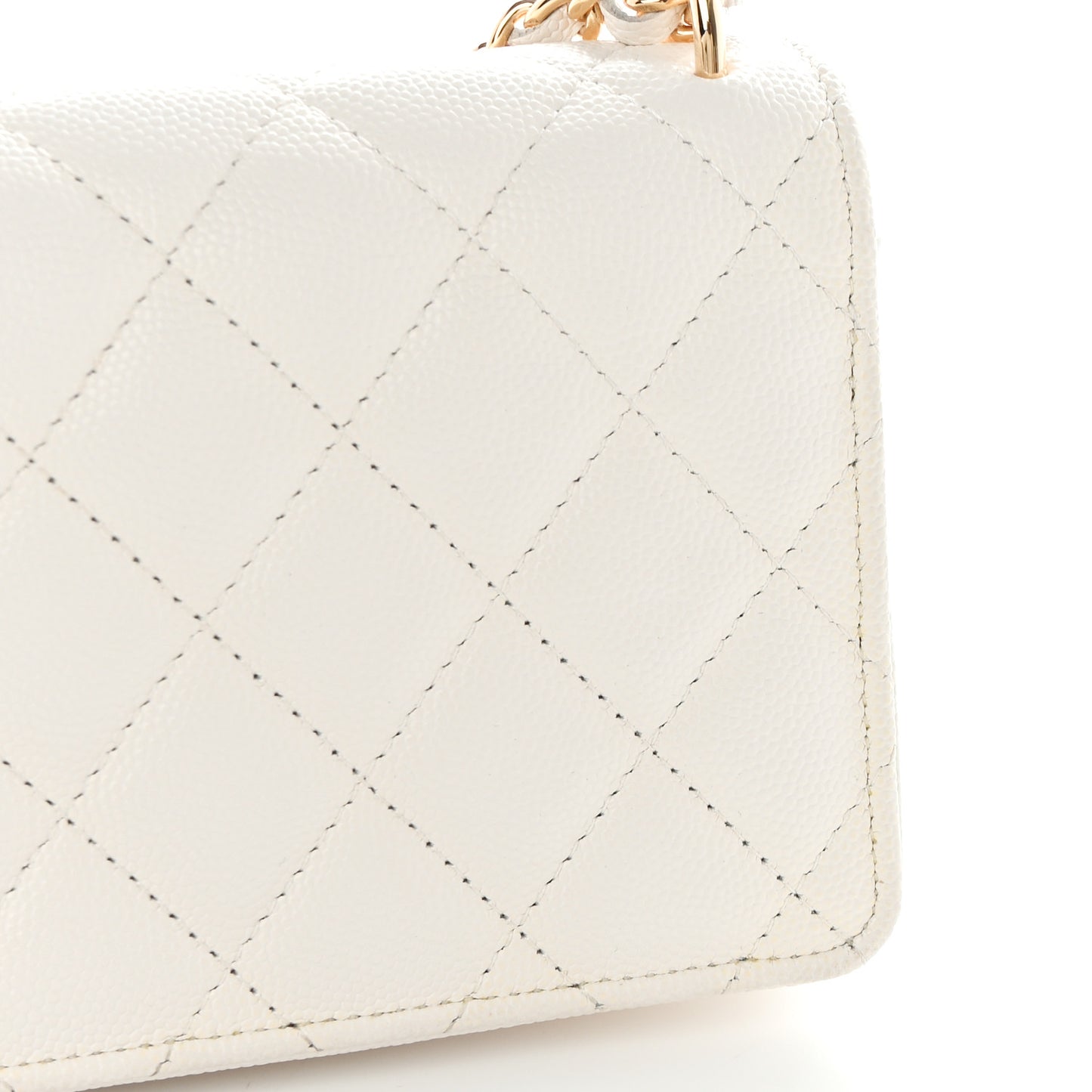 Shiny Caviar Quilted Flap Charm Small Wallet On Chain WOC White